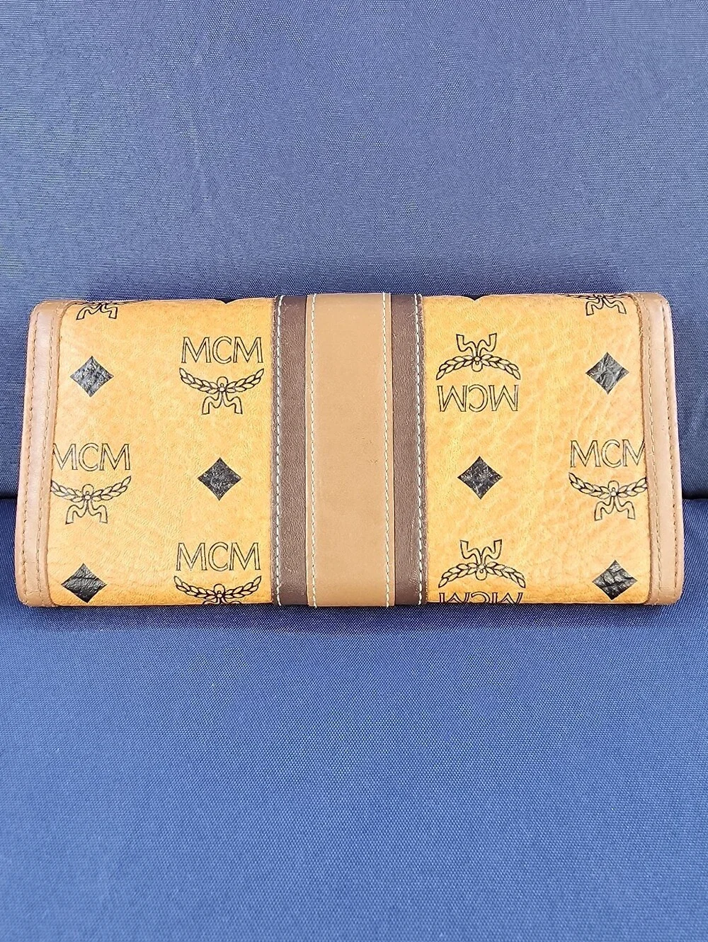 MCM Cognac Visetos Continental Wallet with Brown Center Stripe